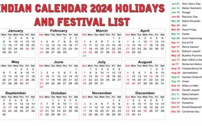 Indian Calendar 2024 Holidays and Festival List Hindi | सन 2024 में पड़ने वाले व्रत-त्योहारोंऔर अवकाशों की सूची